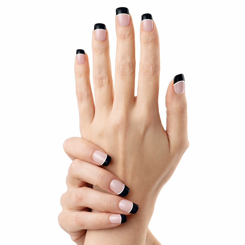 Gel Wraps Glamisu French Ébène N°104 – french nude avec pointes noires brillantes sur deux mains, fond blanc