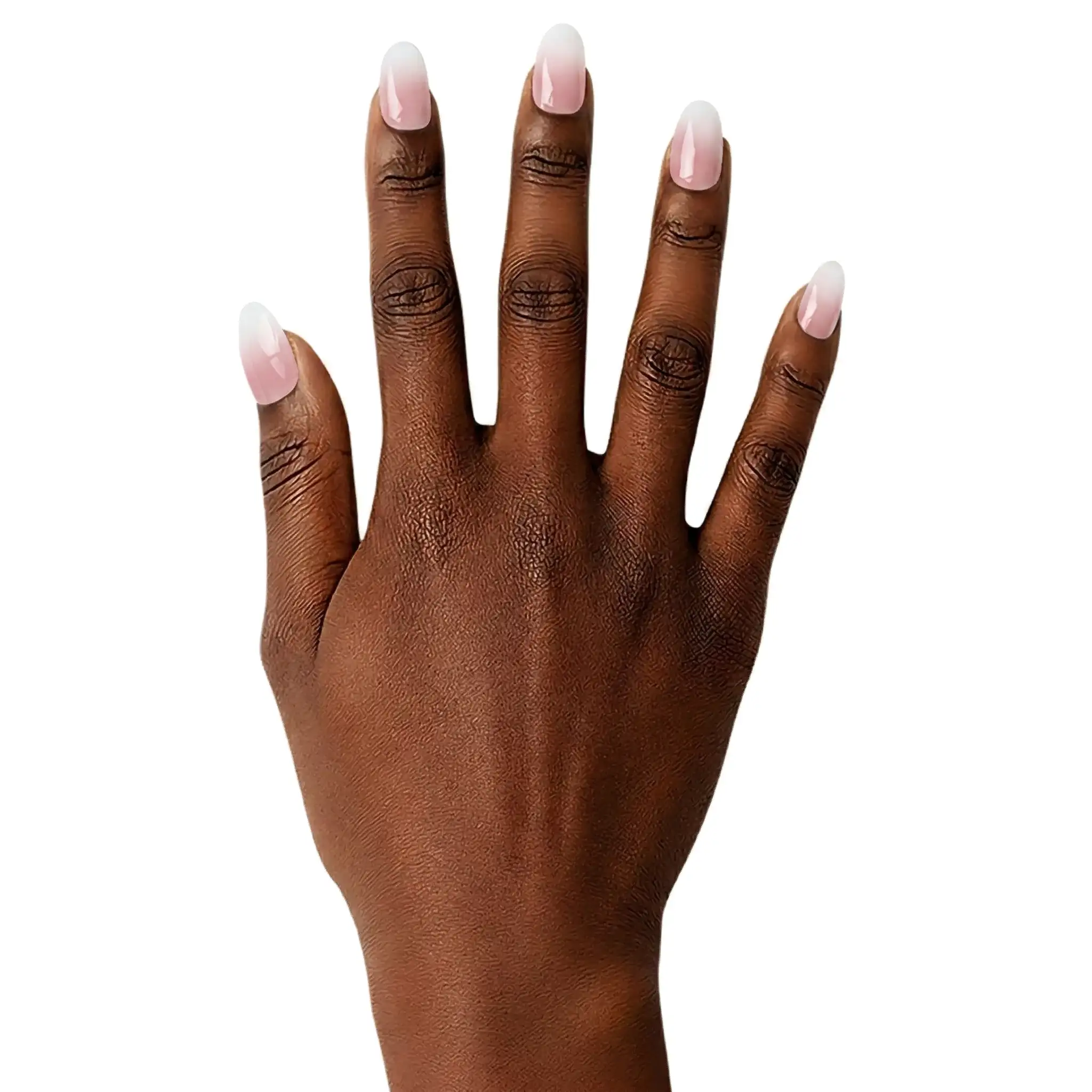 Pose de "gel nail wraps" (ongles autocollants) avec un design dégradé "baby boomer" allant d'un rose nude naturel à la base vers un blanc laiteux aux extrémités, présentés sur une plaquette et portés sur une main pour un rendu brillant et soigné.