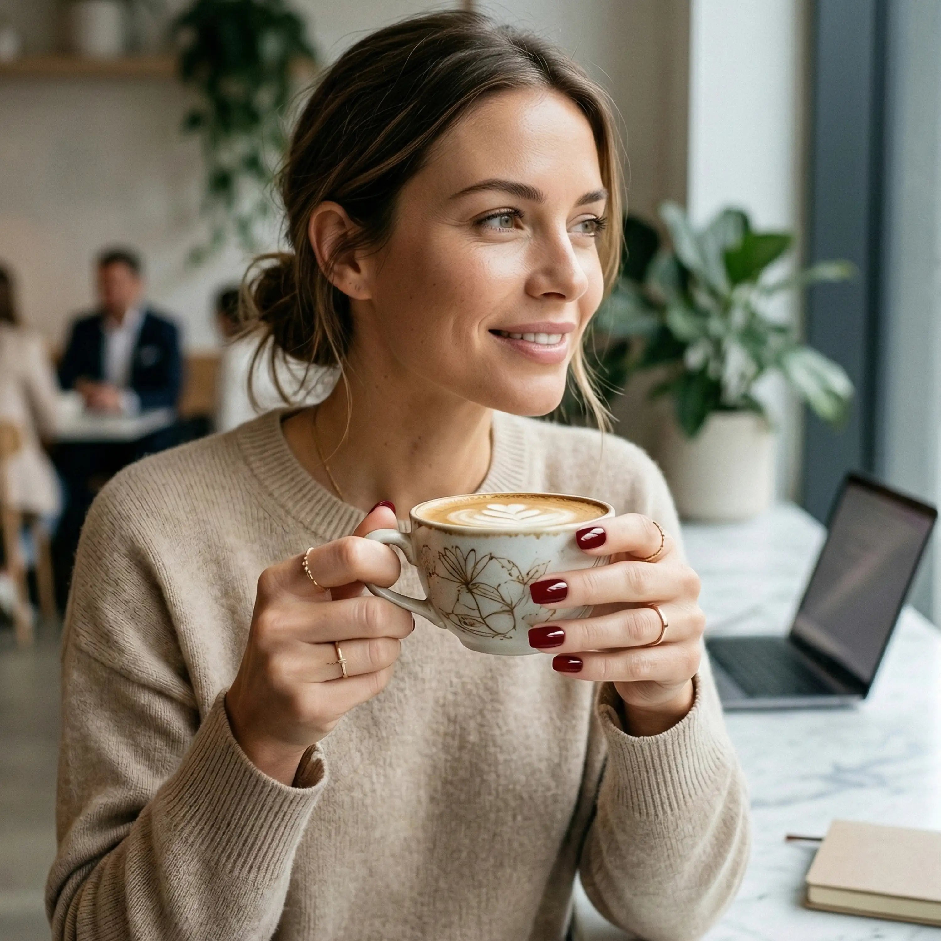 Femme élégante dans un café portant la manucure gel Glamisu Bordeaux Velours N°004, tenant une tasse de café.