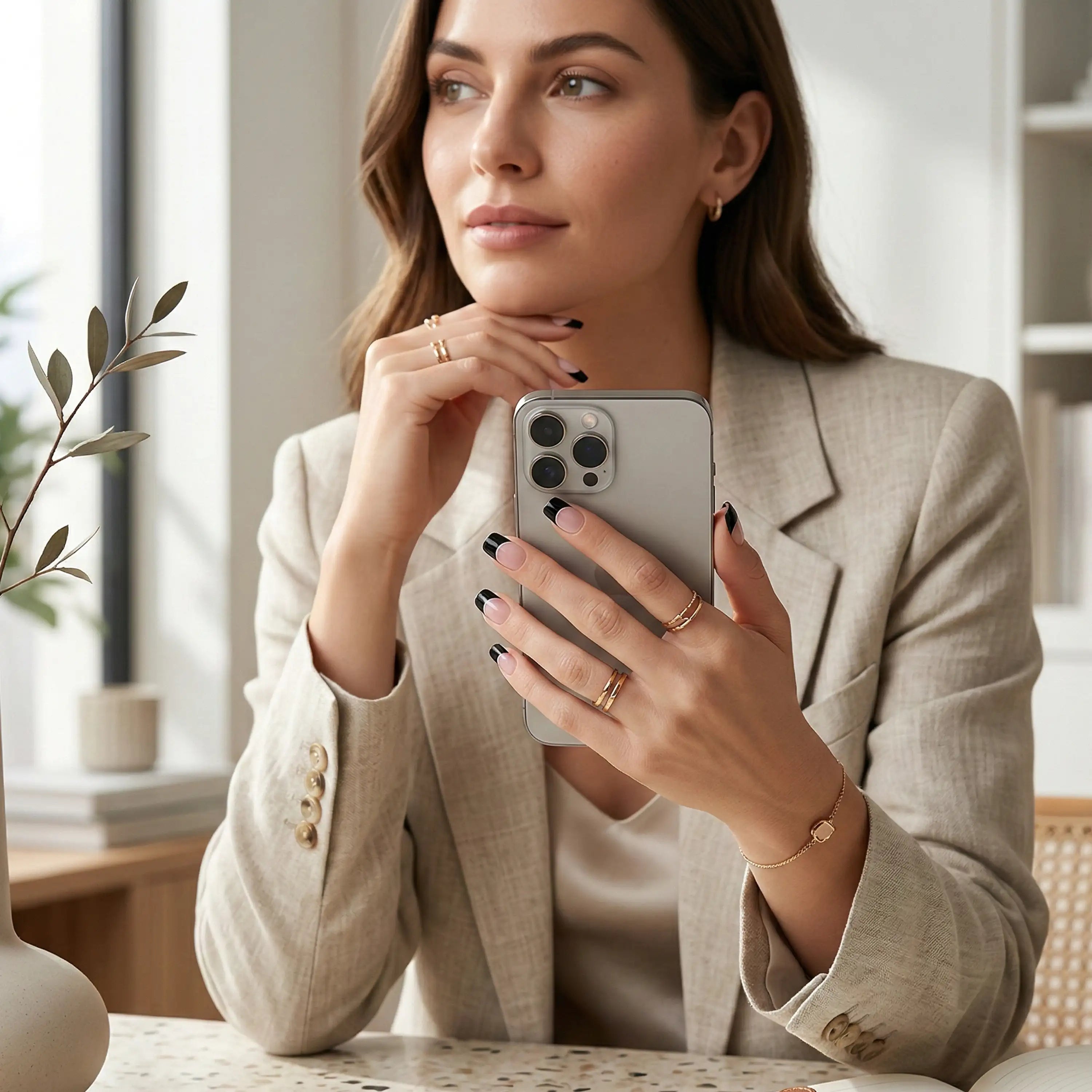 Manucure Glamisu French Ébène N°104 : ongles style french manucure noire sur une femme élégante tenant un téléphone dans un intérieur lumineux.