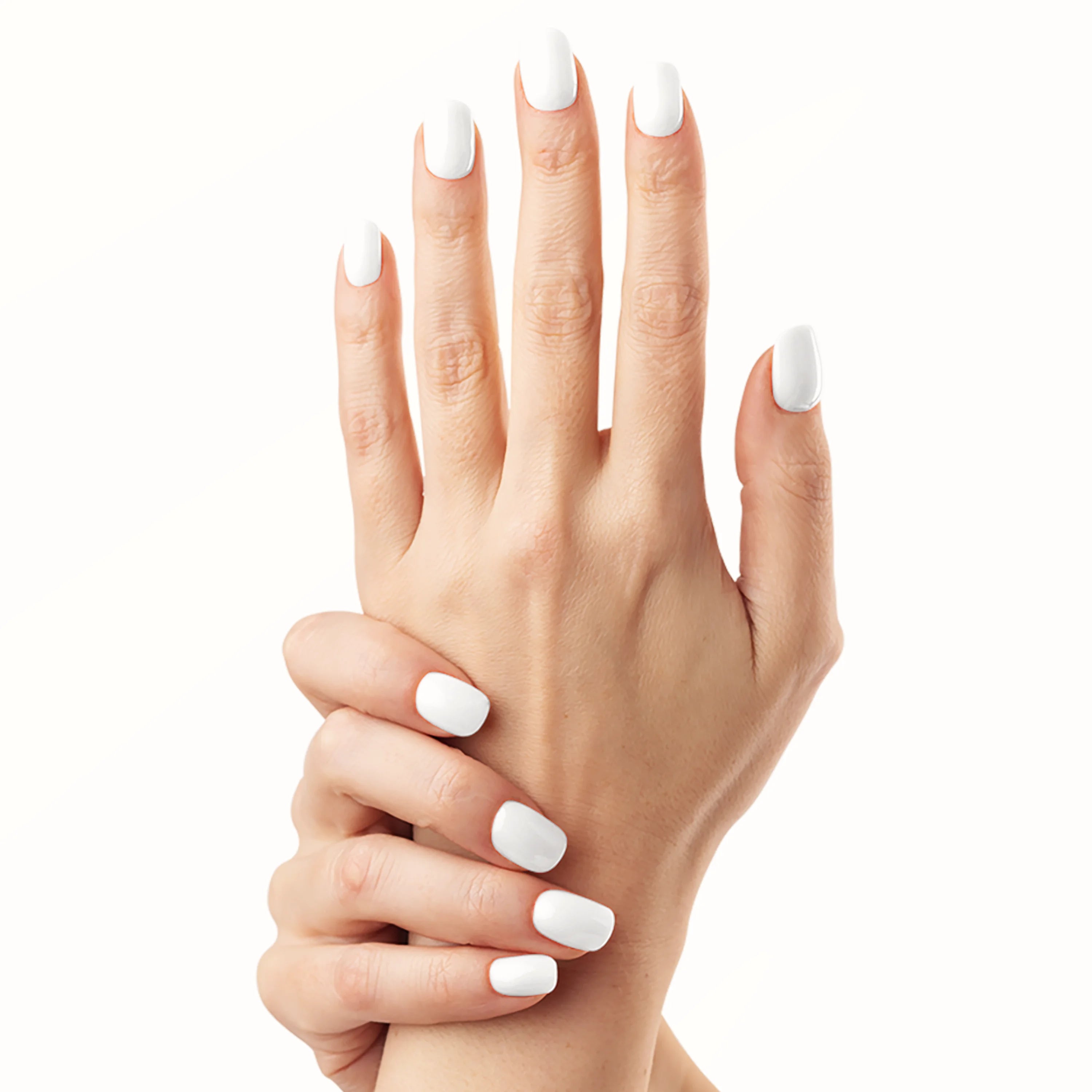 Blanc Porcelaine N°001 : gel wraps blanc pur et brillant sur main claire, pose poignet, finition lisse et glossy
