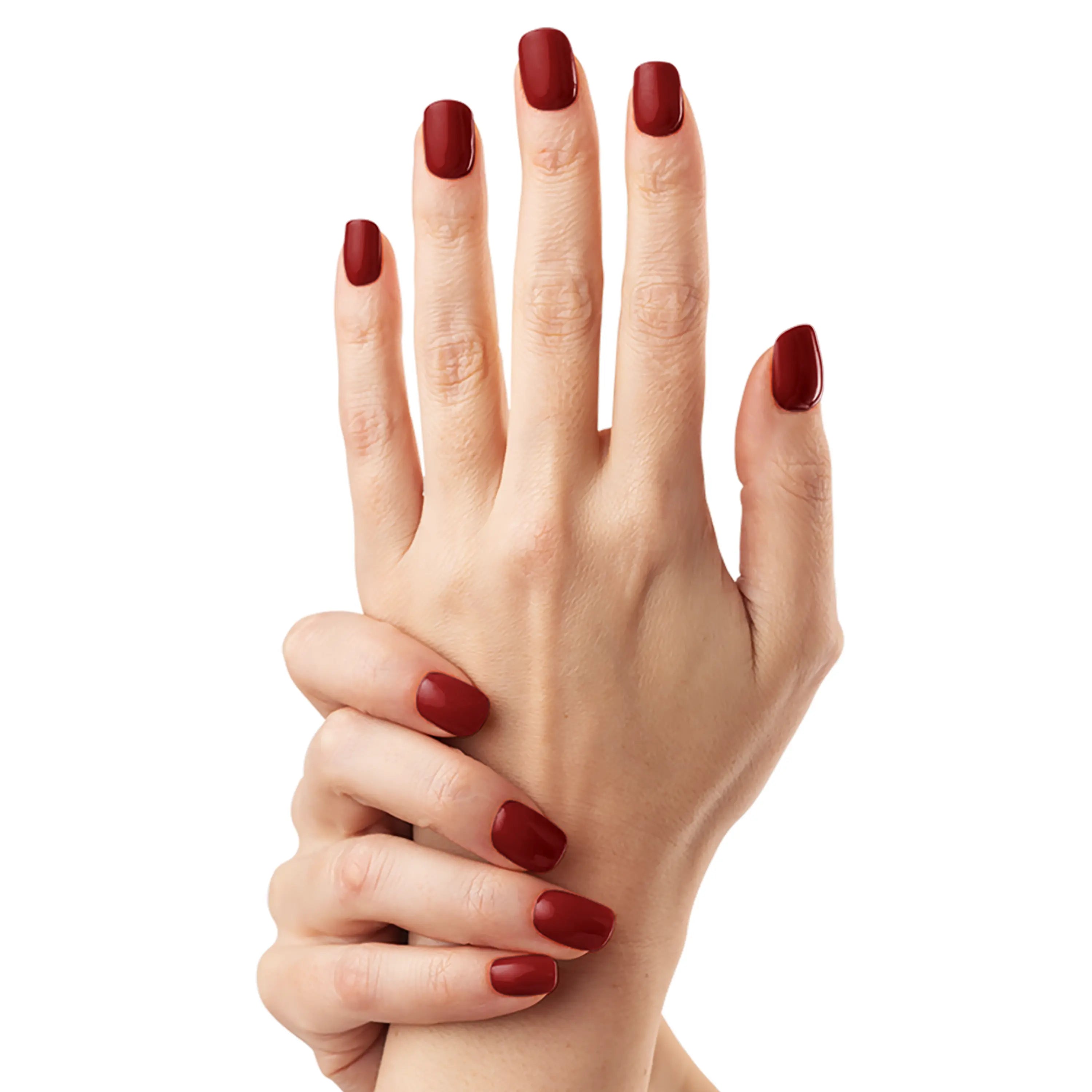 Bordeaux Velours N°004 : gel wraps bordeaux profond et brillant sur main claire, pose poignet, finition lisse et glossy