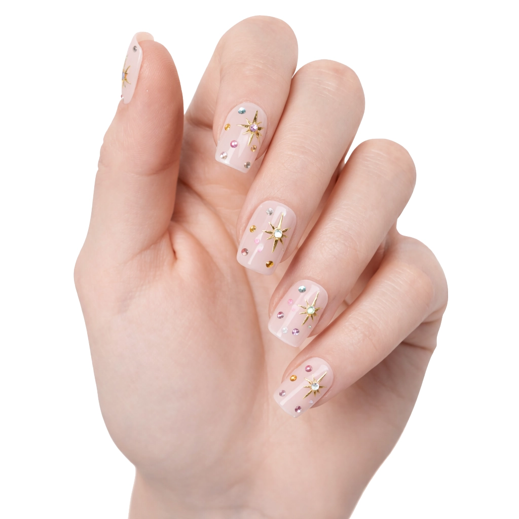 Gel Wraps Glamisu Constellation Rosée N°164 – nude rosé transparent avec étoiles dorées et strass multicolores brillants sur une main claire, fond blanc