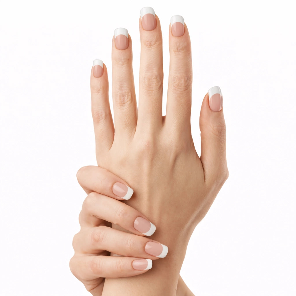 Gel Wraps Glamisu French Ivoire N°103 – manucure french nude ivoire avec pointes blanches sur une main, fond blanc