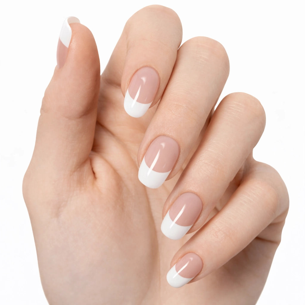Gel Wraps Glamisu French Ivoire N°103 – french nude ivoire et pointes blanches sur main claire, fond blanc