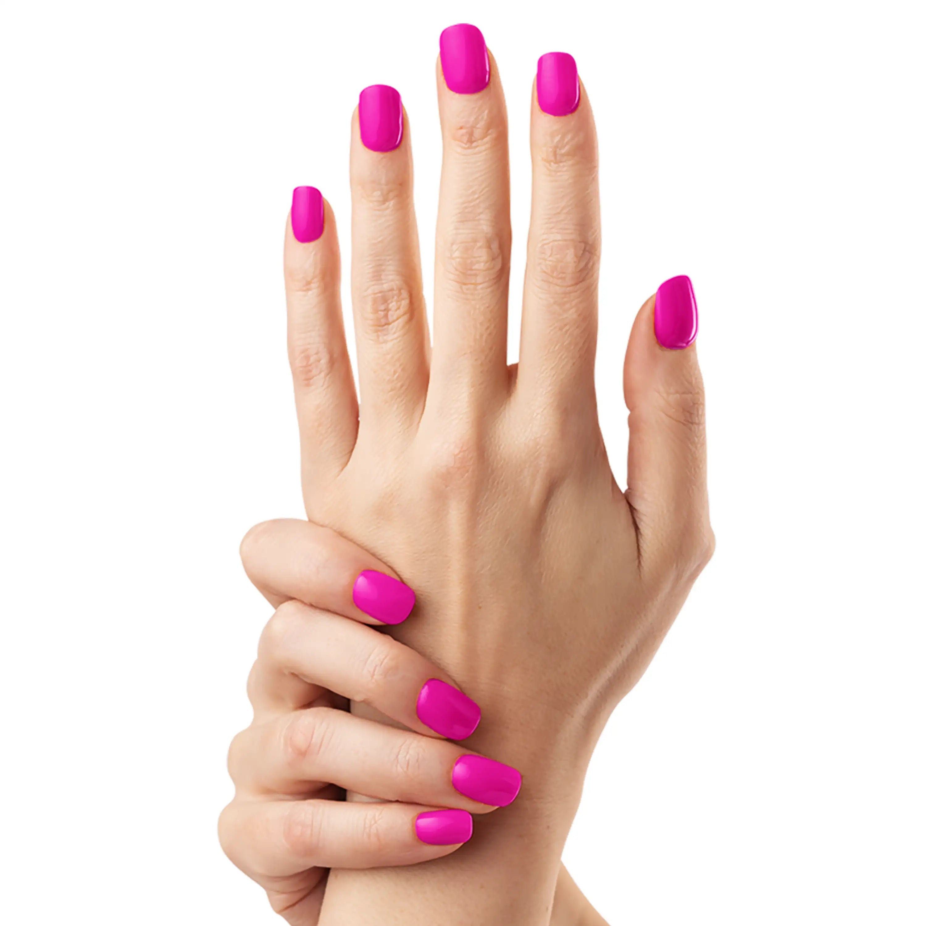 Main tenant le poignet avec une manucure fuchsia éclatante en gel wraps Glamisu Fuchsia d’Été N°294, finition brillante sur fond blanc.