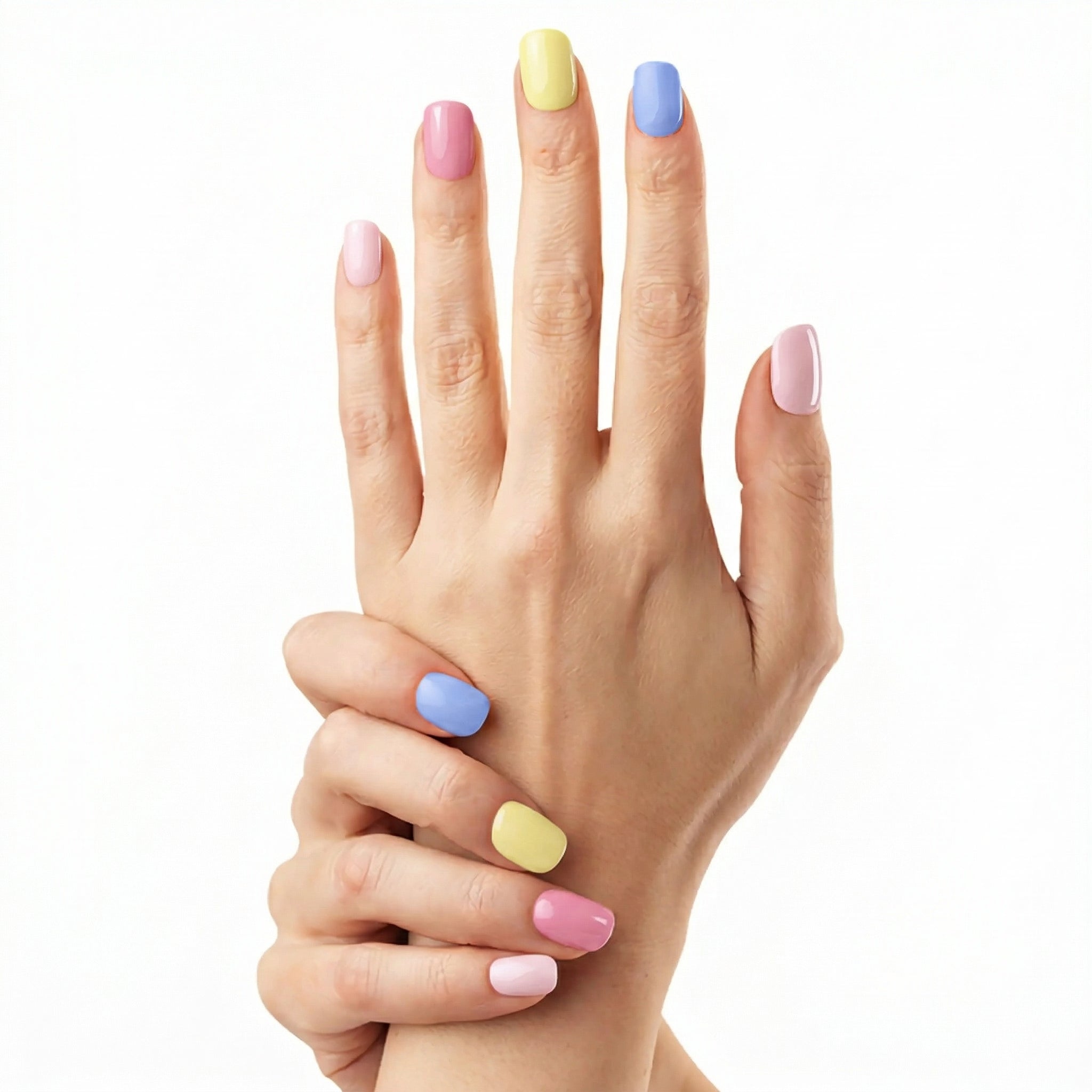 Gel wraps Glamisu palette pastel multicolore avec teintes jaune, bleu et rose sur ongles naturels, finition brillante, main en pose élégante sur poignet, manucure sans UV