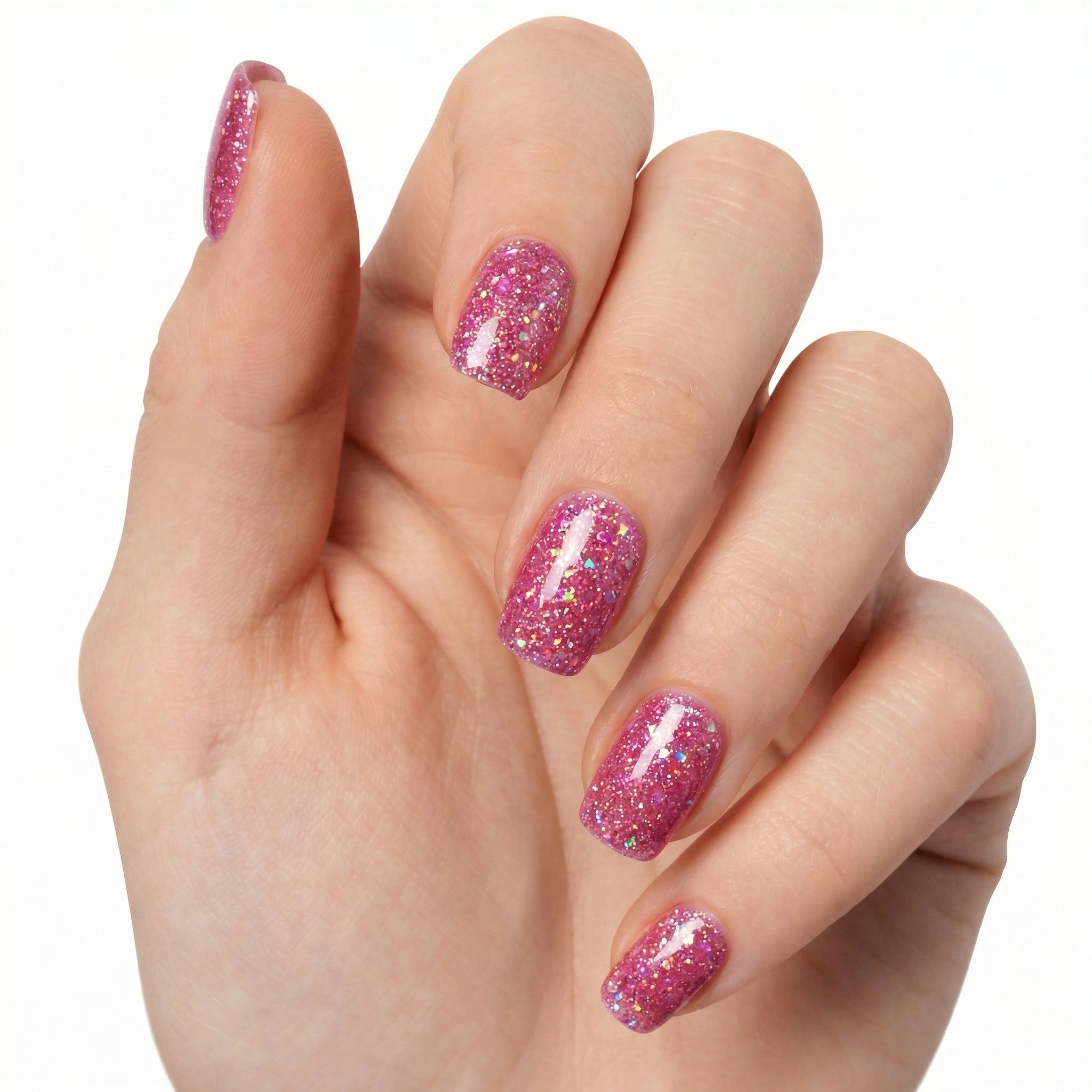 Gel wraps Glamisu rose pailleté avec effet glitter brillant sur ongles naturels, finition scintillante, manucure sans UV élégante