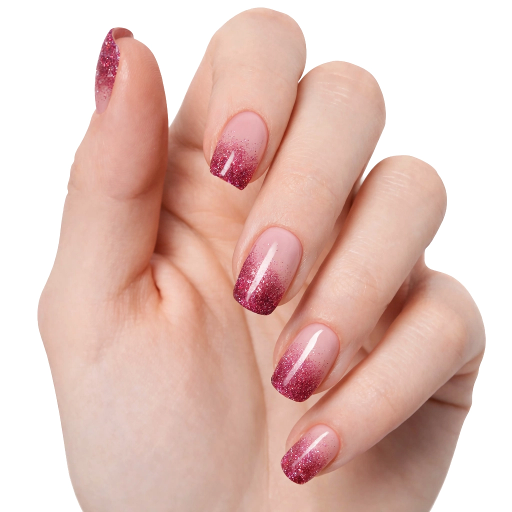 Gros plan sur une main claire avec gel wraps Rose Paillettes N°313, base rose nude et dégradé de paillettes roses brillantes sur les ongles.