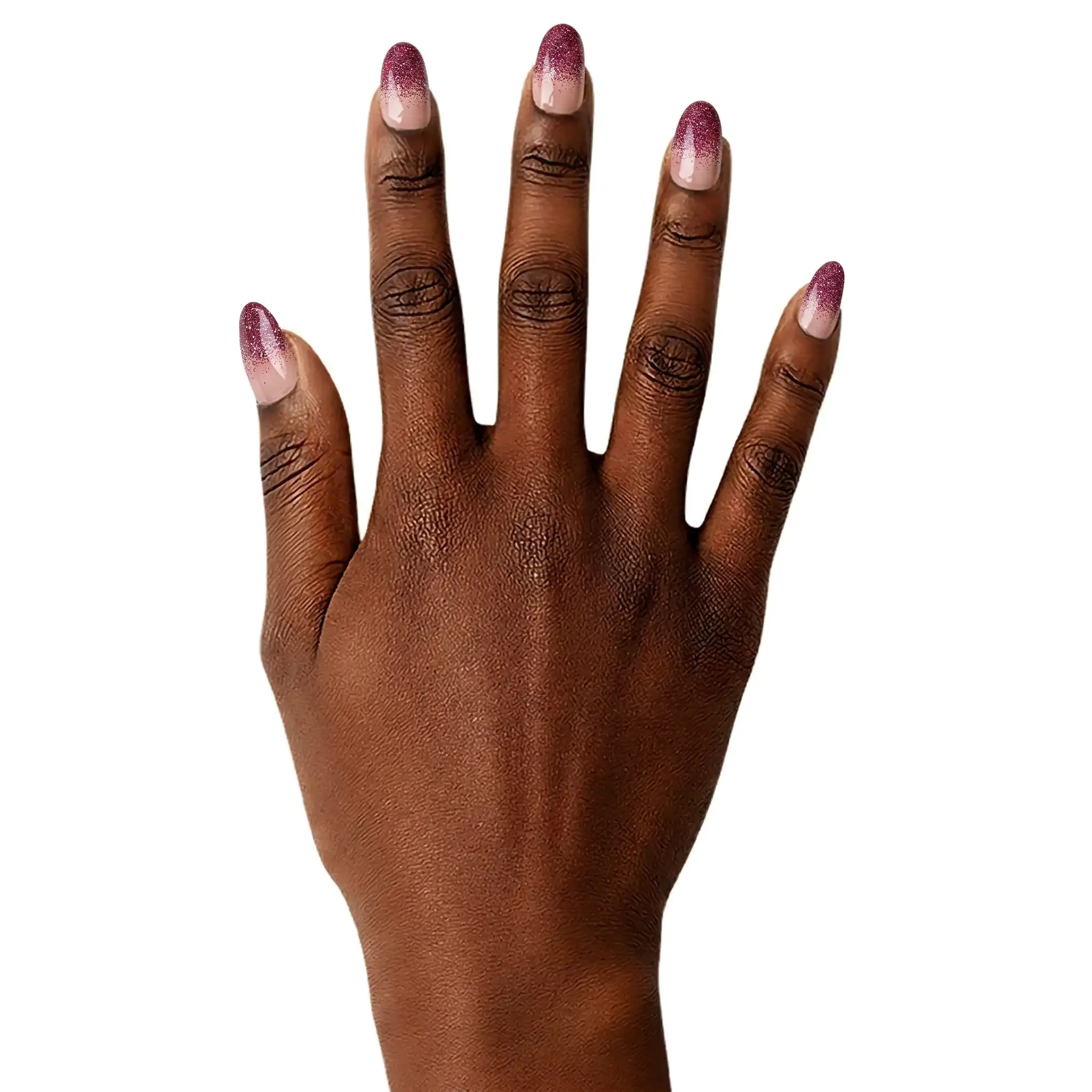 Main brune avec gel wraps Rose Paillettes N°313, base rose nude et dégradé de paillettes roses sur ongles amande brillants.