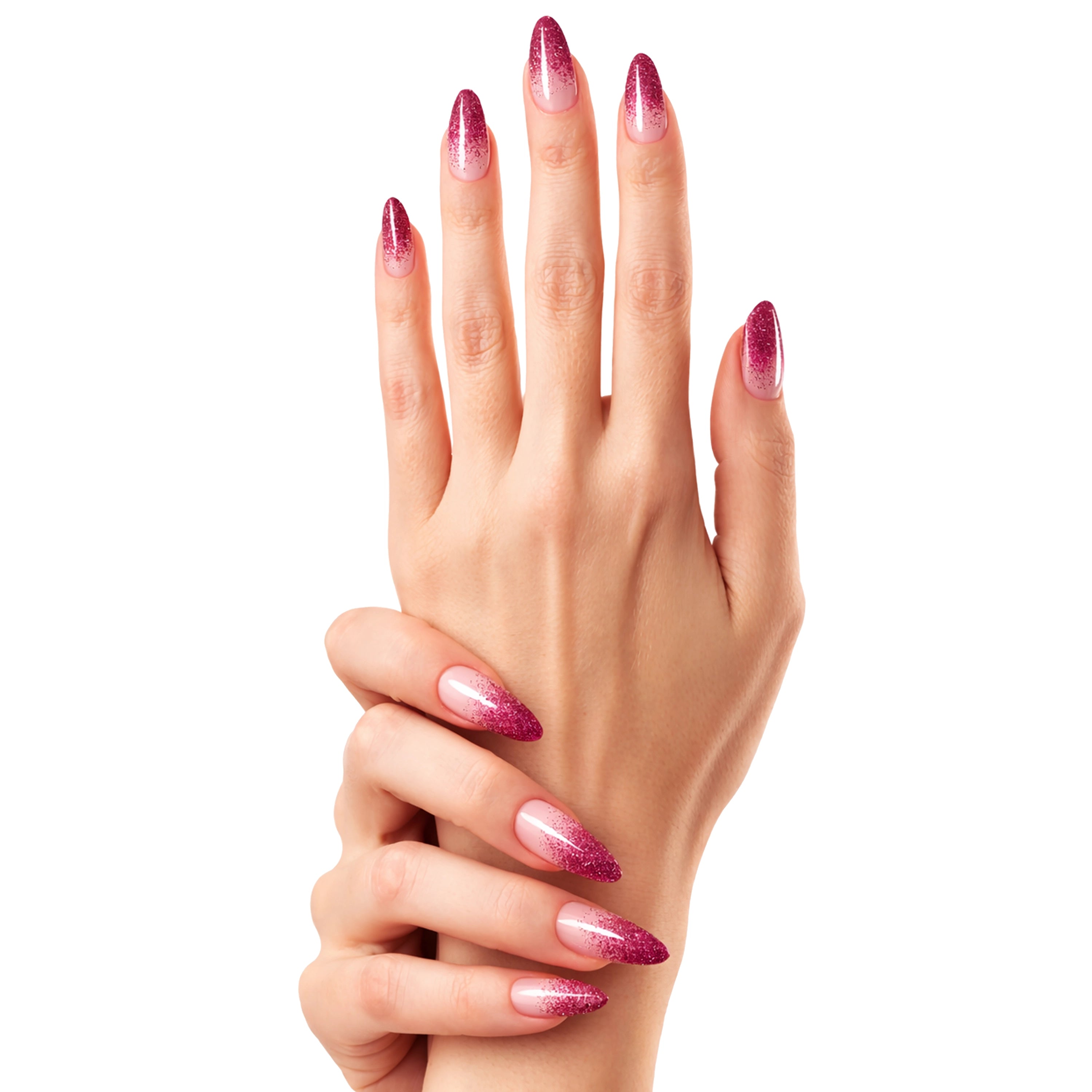 Main claire tenant son poignet avec gel wraps Rose Paillettes N°313, base rose nude et dégradé de paillettes roses sur ongles amande brillants.