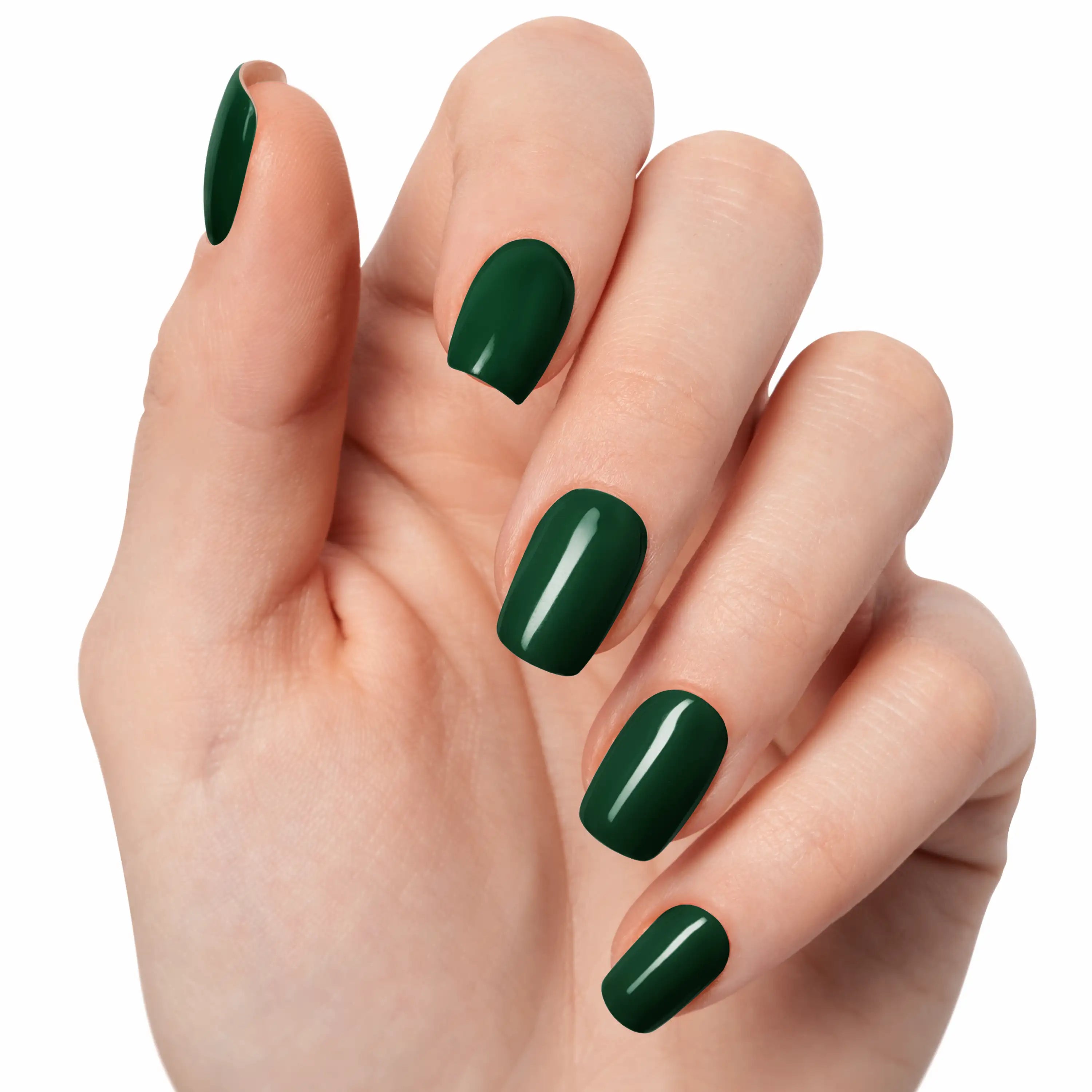 Ongles vert foncé brillant effet luxe Glamisu manucure élégante sans UV