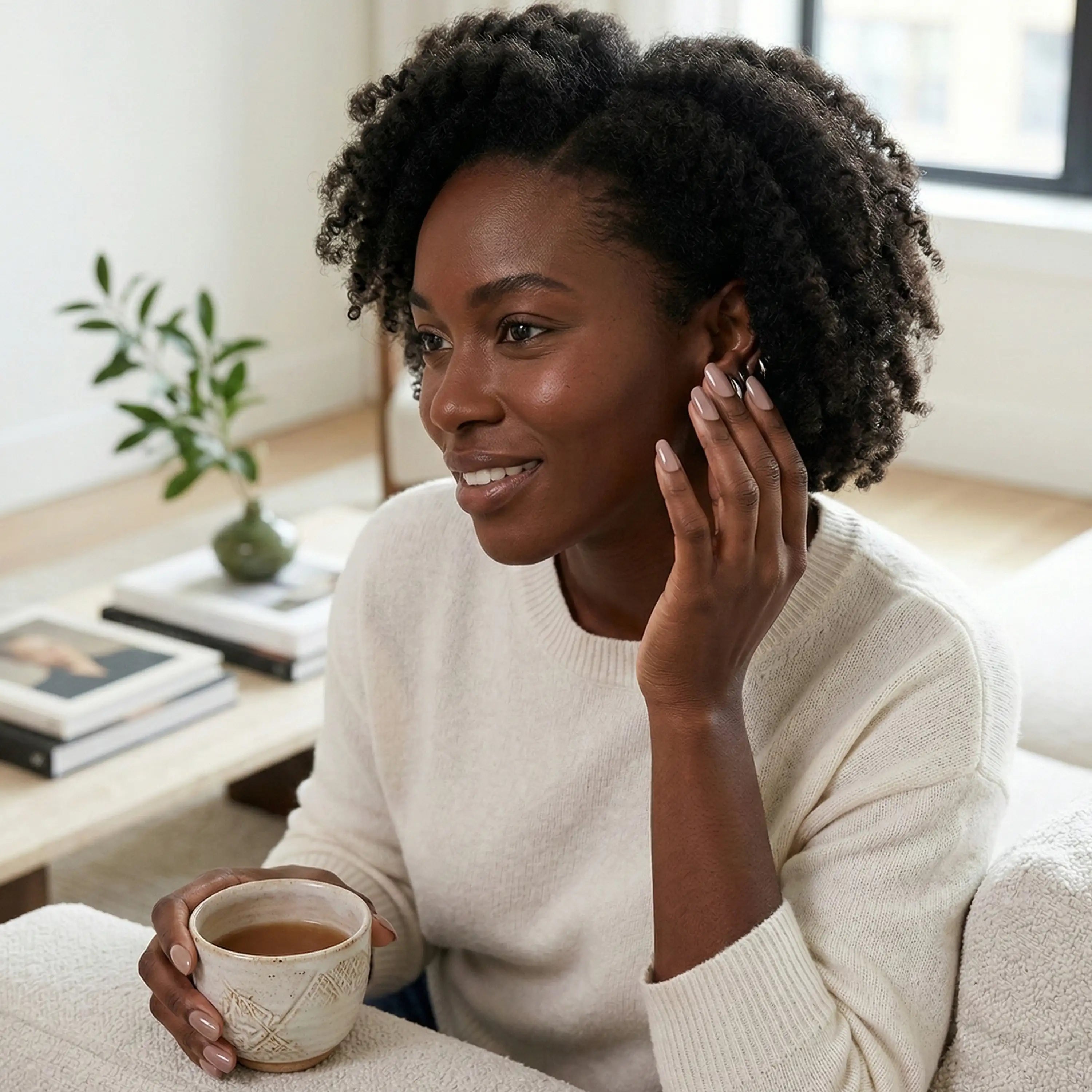 Manucure élégante avec les patchs d'ongles Glamisu Taupe Soyeux N°286 sur une femme noire tenant une tasse de thé dans un intérieur moderne et lumineux.