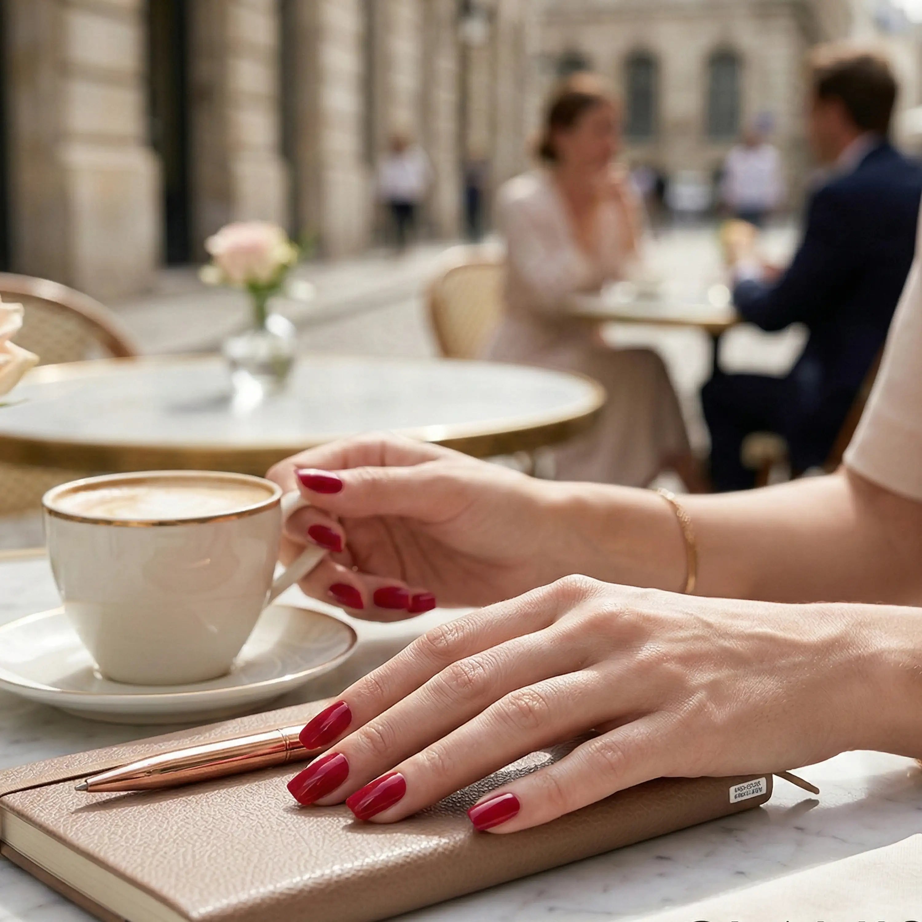 Manucure élégante avec les stickers d'ongles Glamisu Rouge Cerise N°214 sur une terrasse de café parisien, rendu brillant et professionnel.