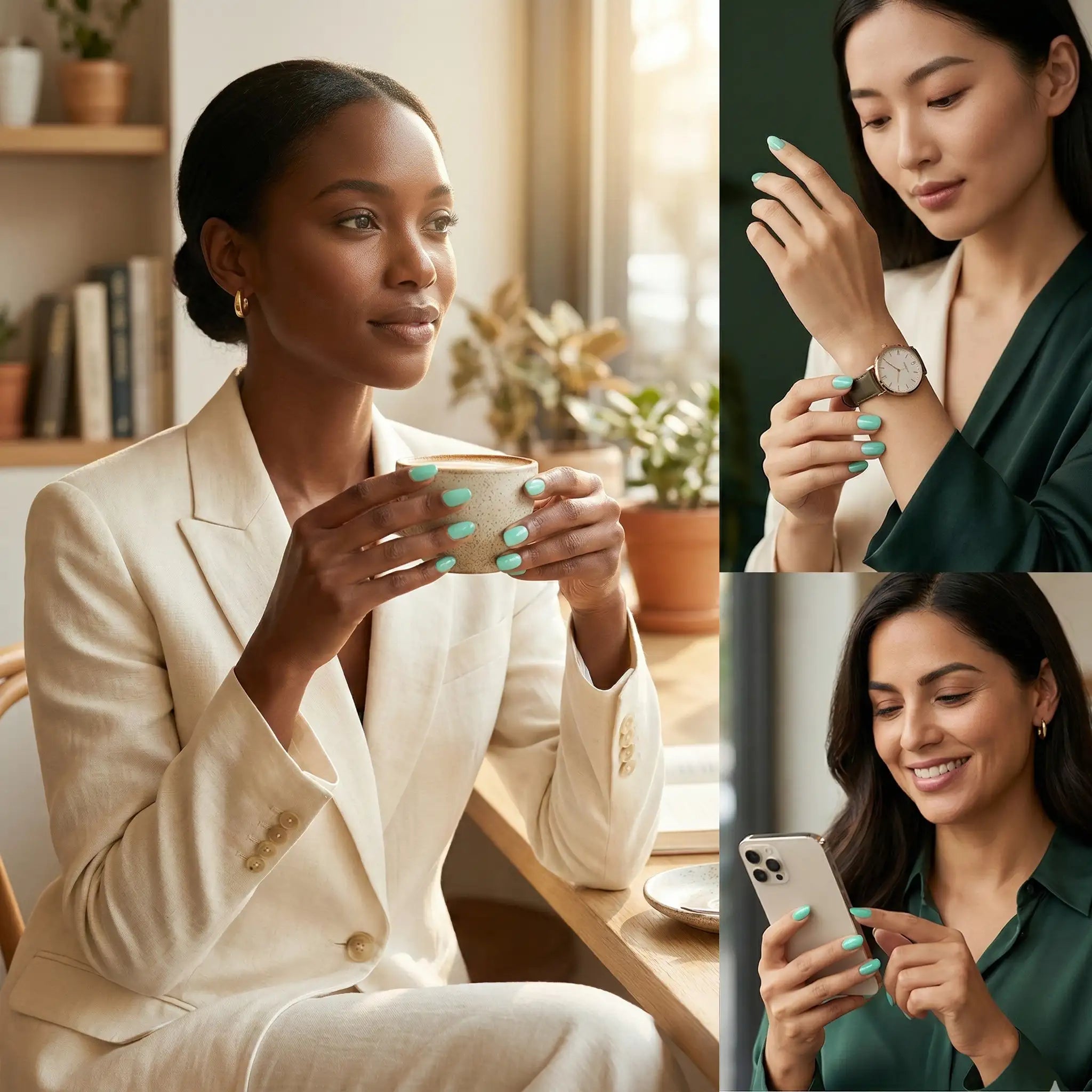 Manucure réalisée avec les nail wraps gel Glamisu coloris Menthe Glacier N°014 sur différentes carnations de peau dans un style lifestyle élégant.