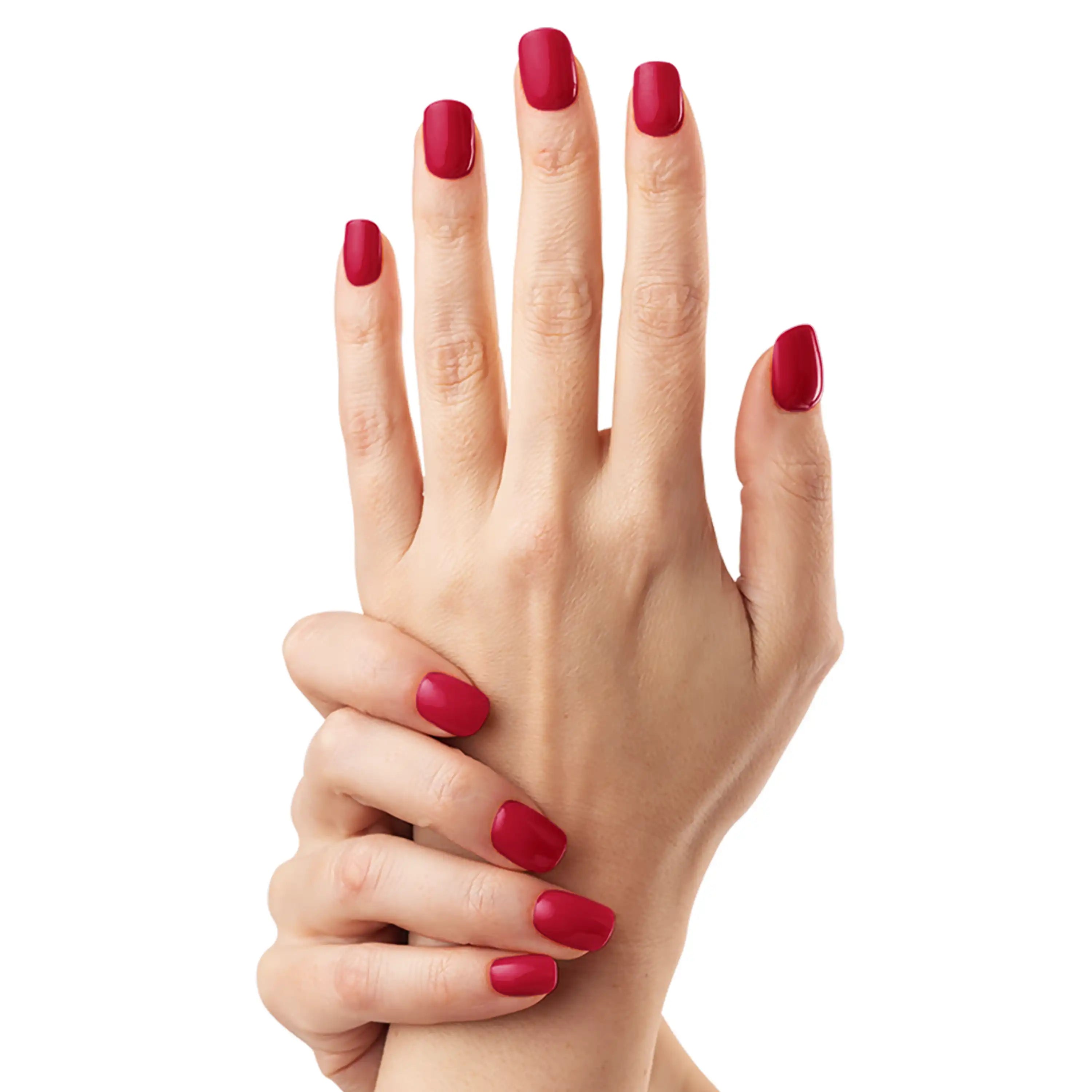 Gel Wraps Glamisu Rouge Cerise N°214 – ongles rouge cerise brillant, deux mains avec pose main sur poignet, fond blanc