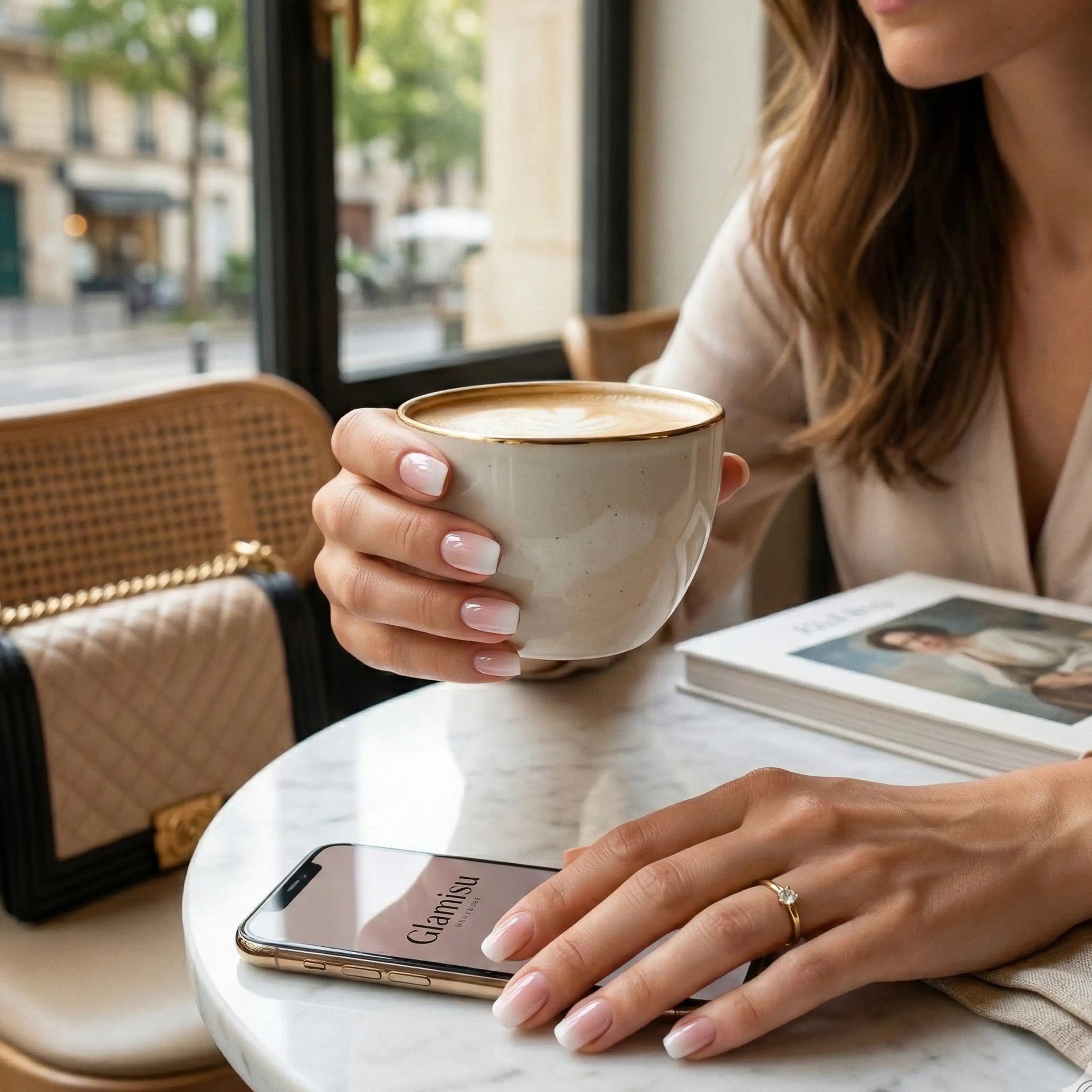 Main d'une femme élégante tenant une tasse de café en terrasse, portant la manucure Glamisu Baby Boomer Rosé N°358. Ongles avec un dégradé rose et blanc naturel, style chic et moderne dans une ambiance lifestyle parisienne.